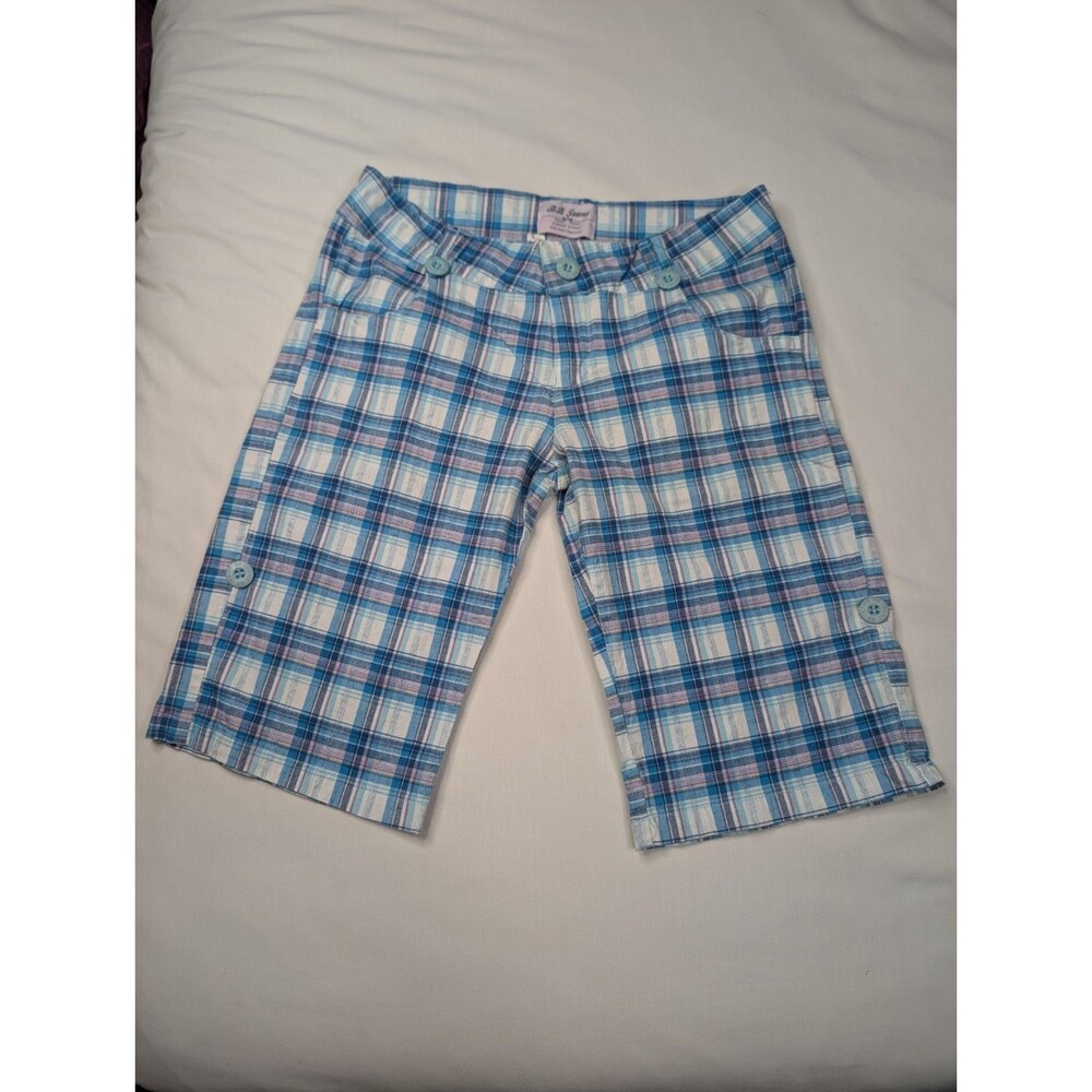 BB Jeans Bermuda Blue Plaid Roll Tab Cuffed Shorts Size 11/12 Pockets Sparkle